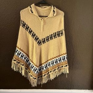 Tan Knit Poncho with Tribal Style Llama Design, One Size Fits Most